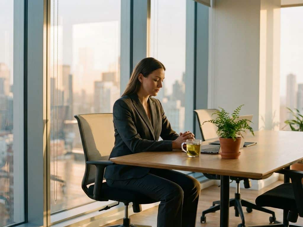 Professional businesswoman in suit sitting calmly at modern office desk with tea and plant, golden hour cityscape visible through windows.
