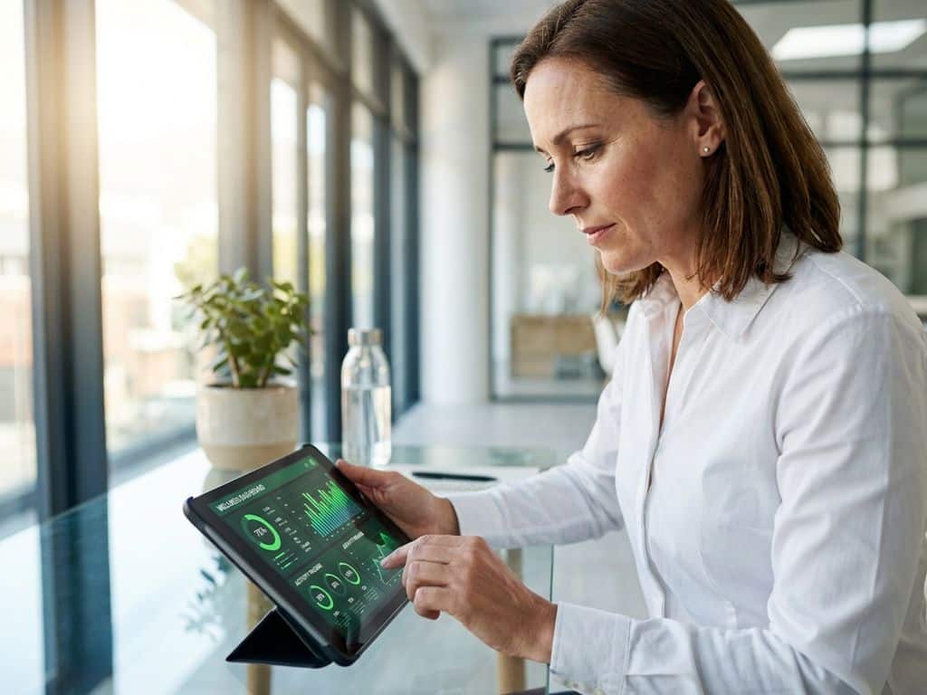 Professional businesswoman analyzing health and wellness data on tablet at modern office desk with natural lighting.