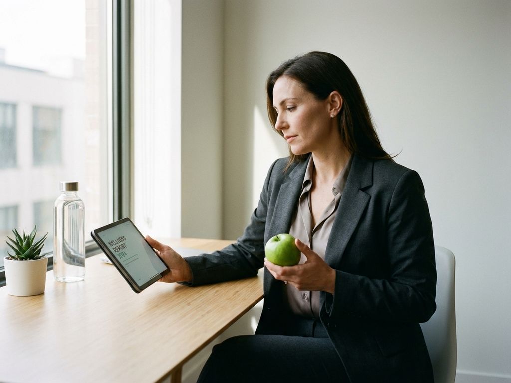 Professional businesswoman holding green apple while reviewing wellness documents on tablet at modern office desk
