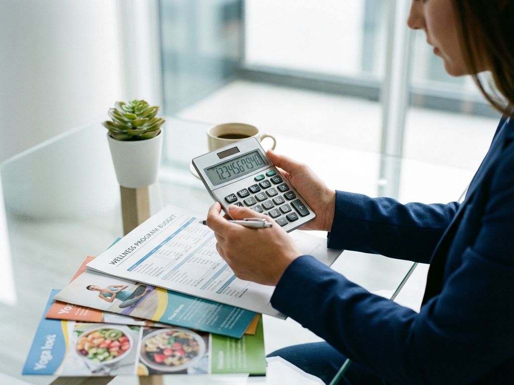 Businesswoman calculating wellness program costs with calculator and documents on modern office desk
