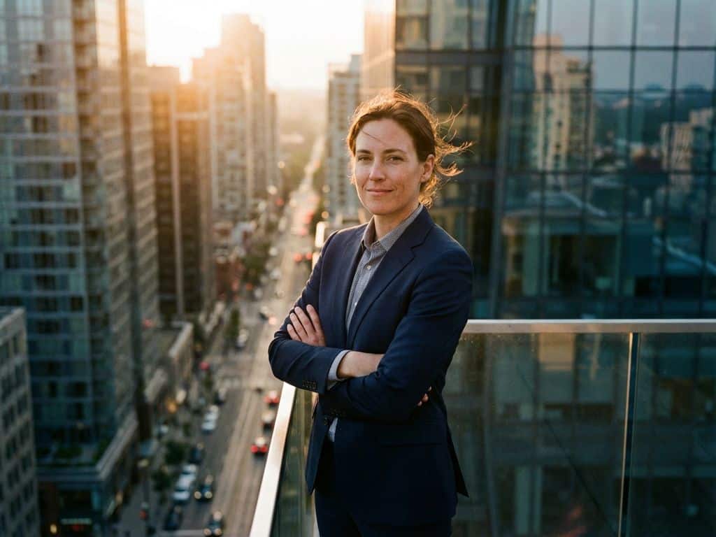 Confident business leader in navy suit standing on office rooftop with city skyline at golden hour