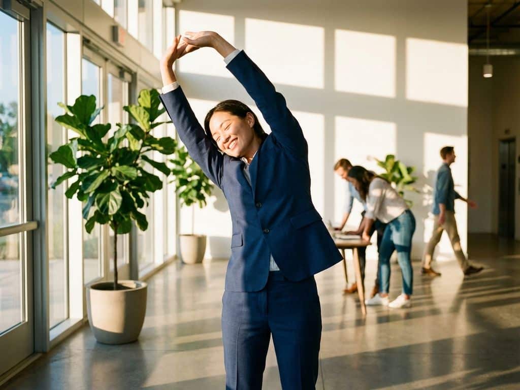Business professional in navy suit stretching arms upward in bright modern office with colleagues working in background.