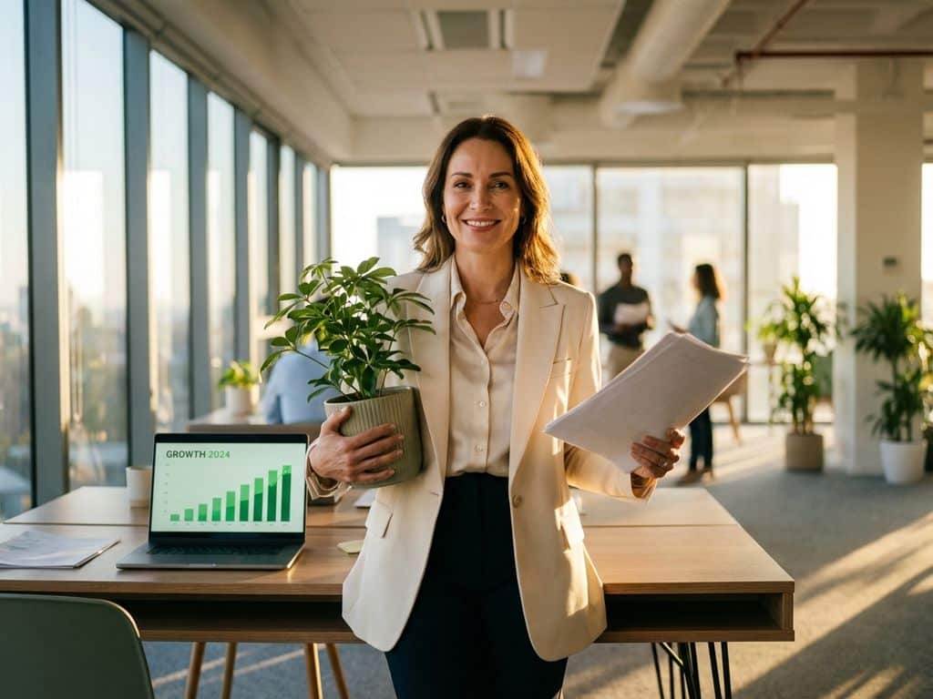 Professional businesswoman holding green plant while reviewing documents at modern office desk with laptop showing growth charts