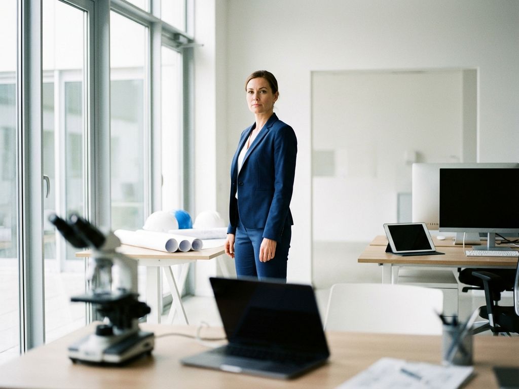 Professional businesswoman in navy suit standing confidently in modern office with medical, construction, and tech equipment