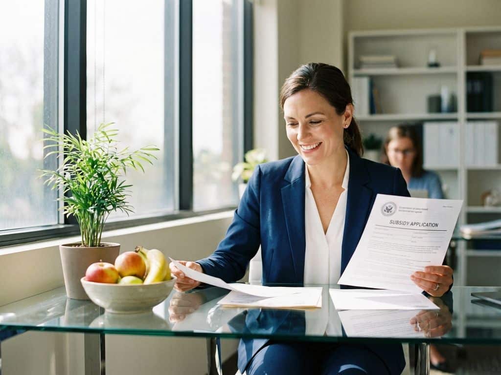 Professional businesswoman in navy suit reviewing government subsidy documents at modern office desk with natural lighting.