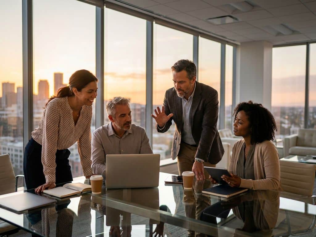Diverse team of four professionals collaborating around glass conference table in bright modern office space.