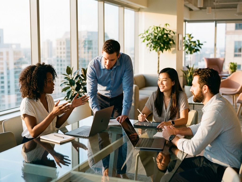 Diverse business professionals collaborating around conference table in bright modern office with natural lighting.