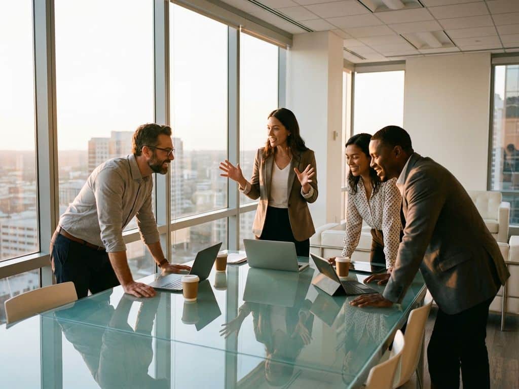 Four diverse professionals in animated discussion around glass conference table in bright modern office