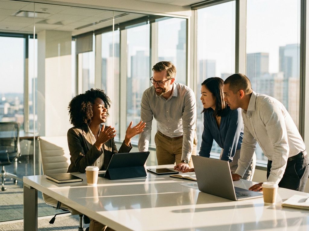 Four diverse professionals in animated discussion around white conference table in modern office with natural lighting.