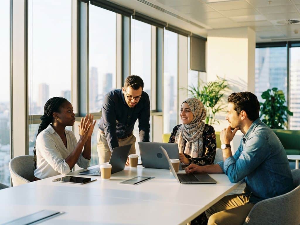 Four diverse professionals in animated discussion around white conference table in bright modern office with laptops and tablets.