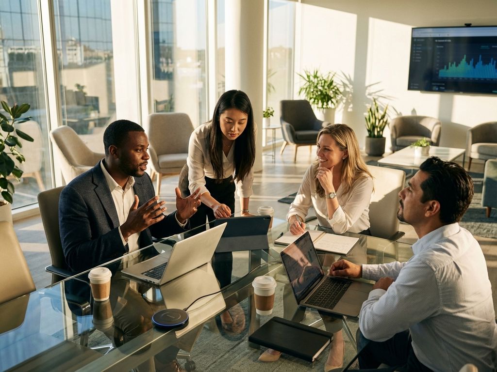 Four diverse professionals in animated discussion around glass conference table in bright modern office with natural light