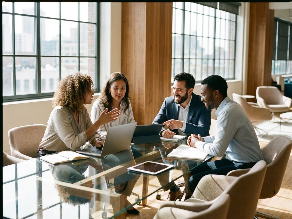 Four diverse professionals in animated discussion around glass conference table in bright modern office with laptops and tablets.