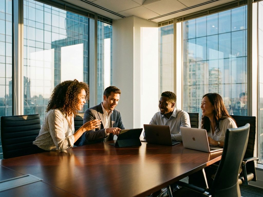 Four diverse professionals collaborating around conference table with laptops in bright modern office during meeting