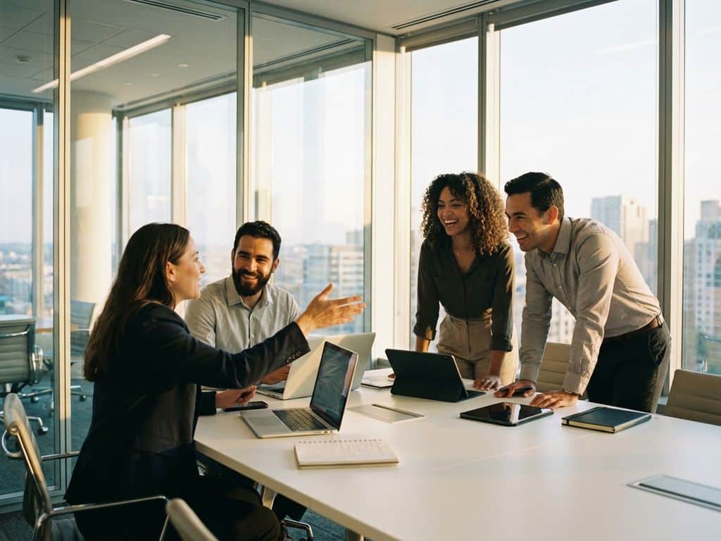 Diverse professionals in animated discussion around conference table in bright modern office with natural lighting