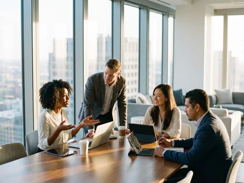 Four diverse professionals in animated discussion around conference table in bright modern office with natural lighting.