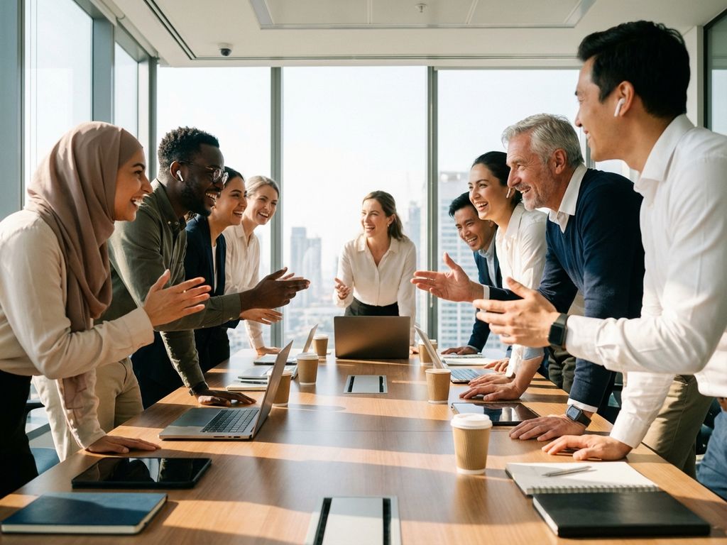 Diverse business professionals collaborating around conference table in bright modern office with laptops and technology