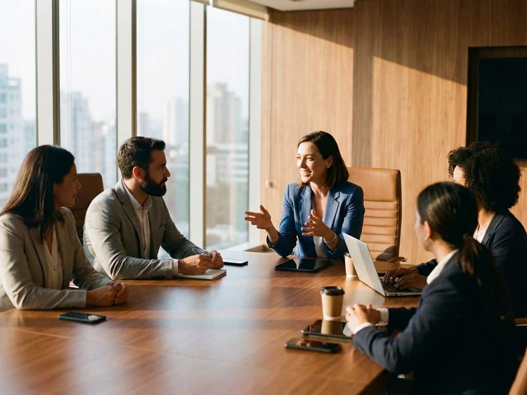 Diverse professionals in animated coaching discussion around conference table, one gesturing while others listen with laptops open.