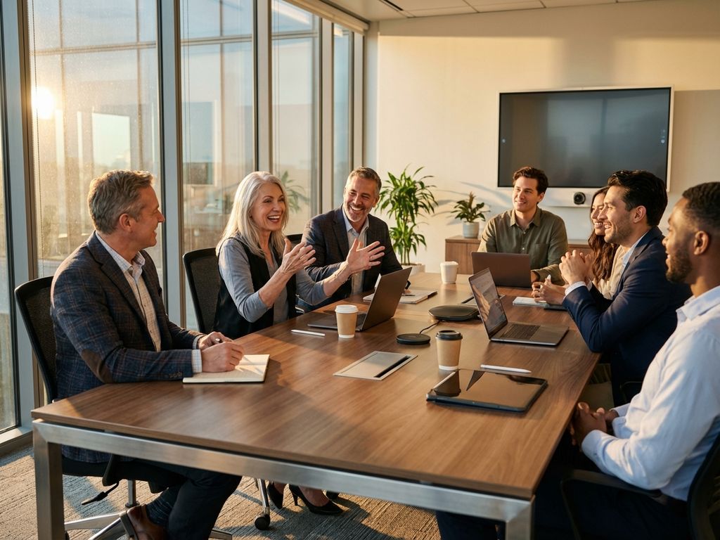 Diverse professionals including mature workers collaborating around modern conference table in bright office space