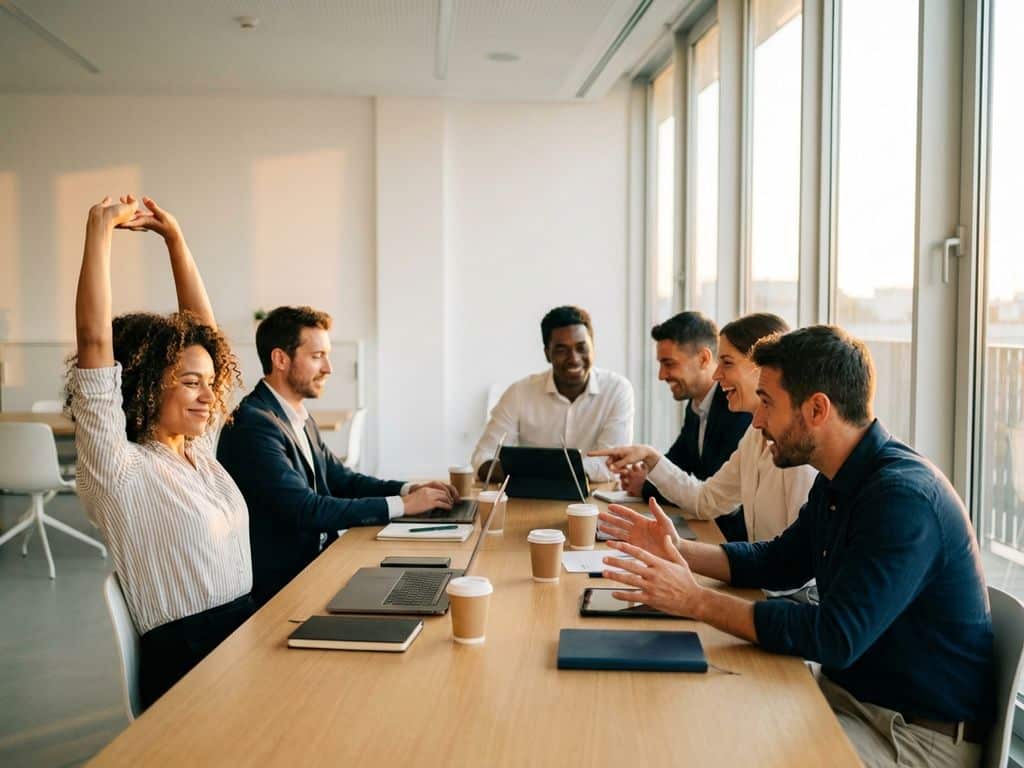 Diverse team of professionals collaborating enthusiastically around conference table in bright modern office space