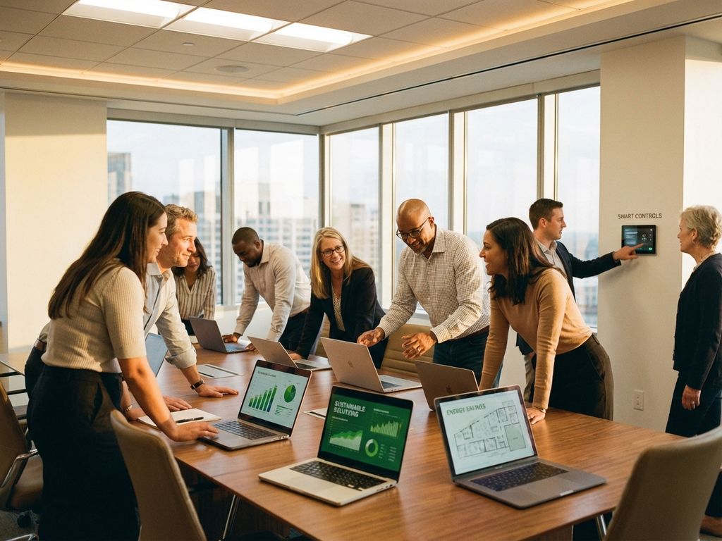 Diverse professionals collaborating around conference table reviewing energy efficiency charts on laptops in modern office