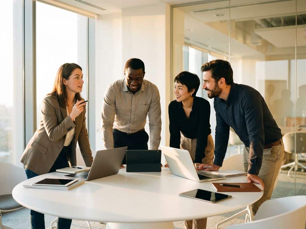 Four diverse professionals in animated discussion around white conference table in bright modern office with natural lighting.