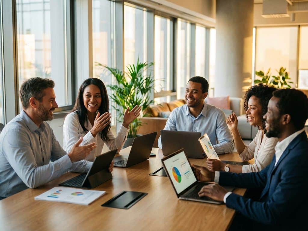 Diverse professionals discussing wellness data around conference table with laptops and charts in bright modern office.