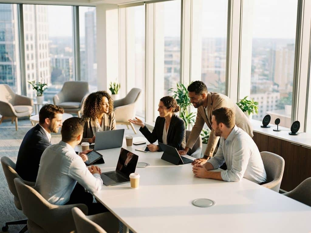 Diverse professionals collaborating around conference table in modern office with natural lighting and technology devices