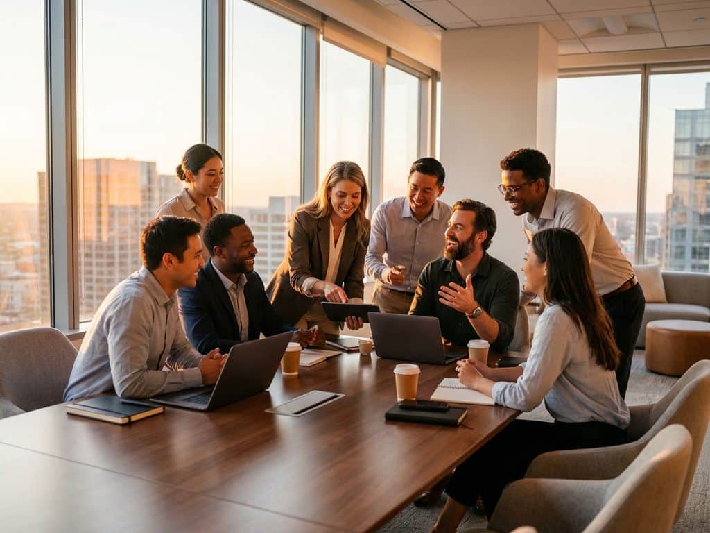 Diverse professionals collaborating around conference table in bright modern office with laptops and natural lighting.