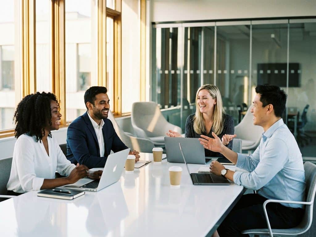Four diverse professionals collaborating around white conference table with laptops in bright modern office space
