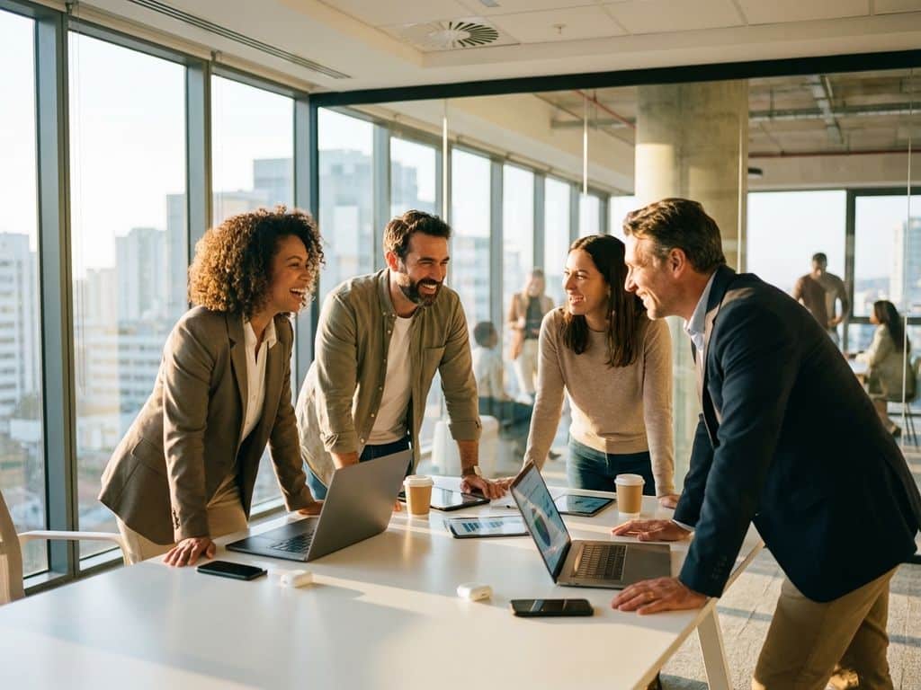 Diverse team of four professionals collaborating around conference table with laptops in bright modern office