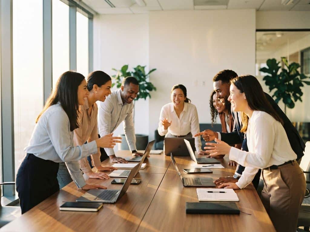 Diverse professionals in animated discussion around conference table in bright modern office with laptops and tablets.