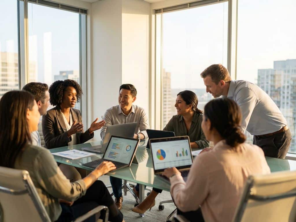 Diverse team of professionals collaborating around glass conference table with laptops and charts in bright modern office