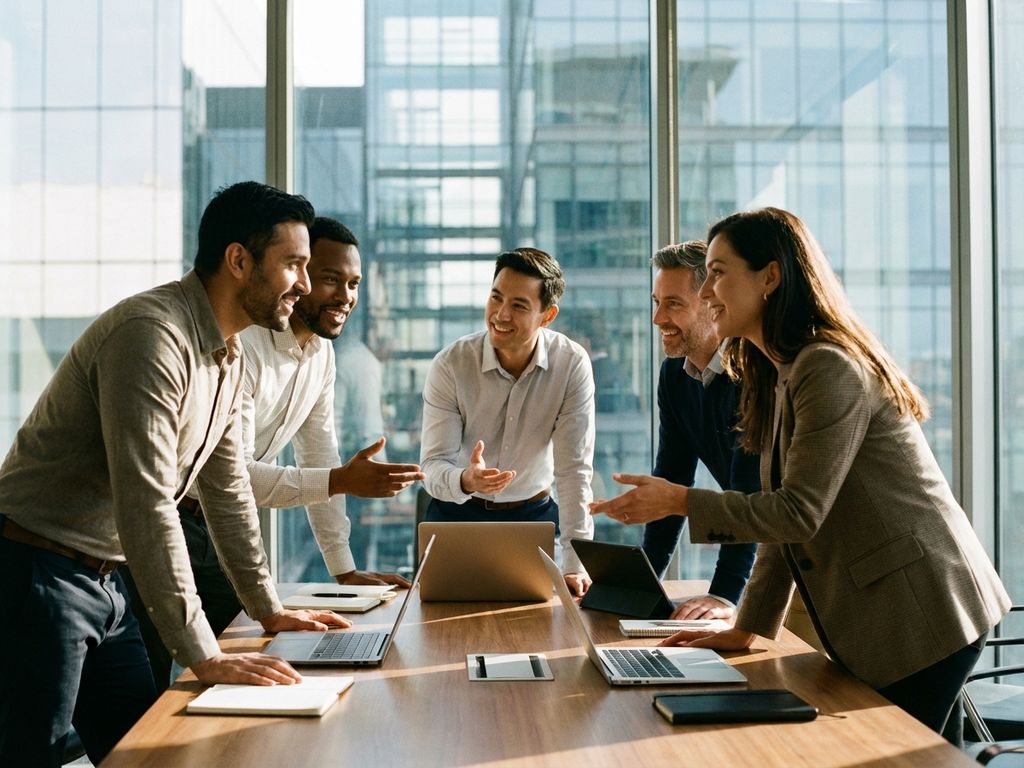 Diverse professionals collaborating around conference table in bright modern office with laptops and natural lighting.