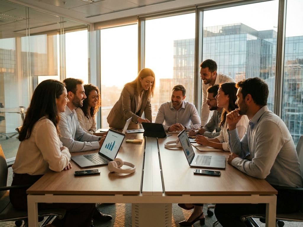 Diverse professionals collaborating around conference table in modern office with natural light and technology devices