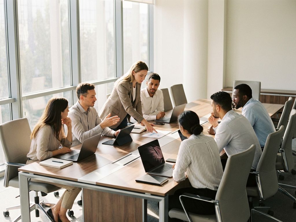 Diverse professionals in animated discussion around conference table in bright modern office with laptops and documents